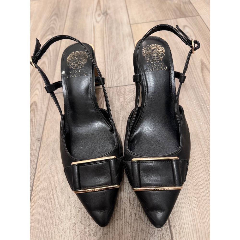 Vince‎ Camuto Black Leather Slingback Pumps Gold Buckle Block Heel Size 9.5M